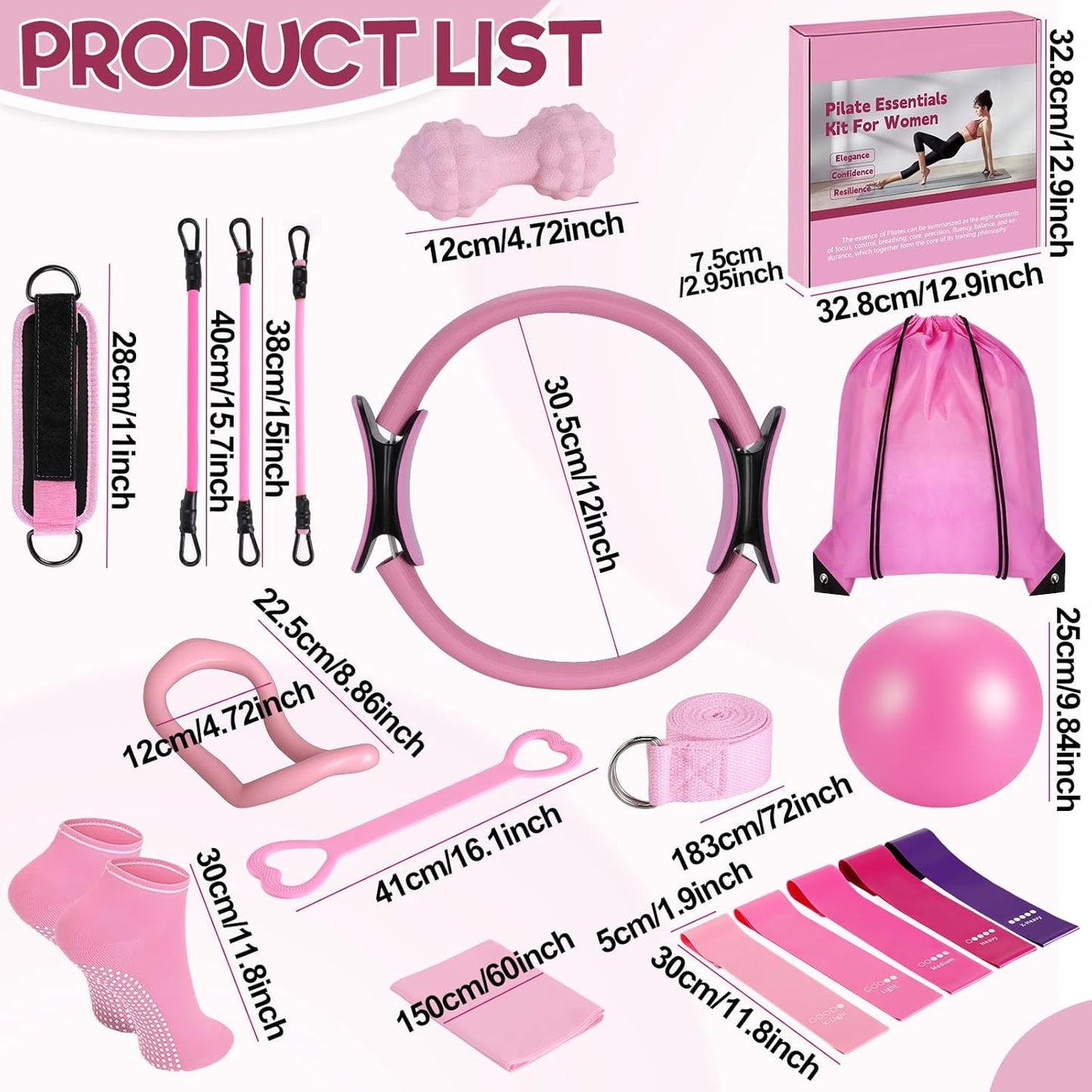 19 Pack Pilates Ring Set for Womem, Home Workout Equipment with 12 inch Magic Circle Pilates Ring and Ball Set, 5 Resistance Bands, Magic Circle, Grip Socks & Accessories for Full Body Toning