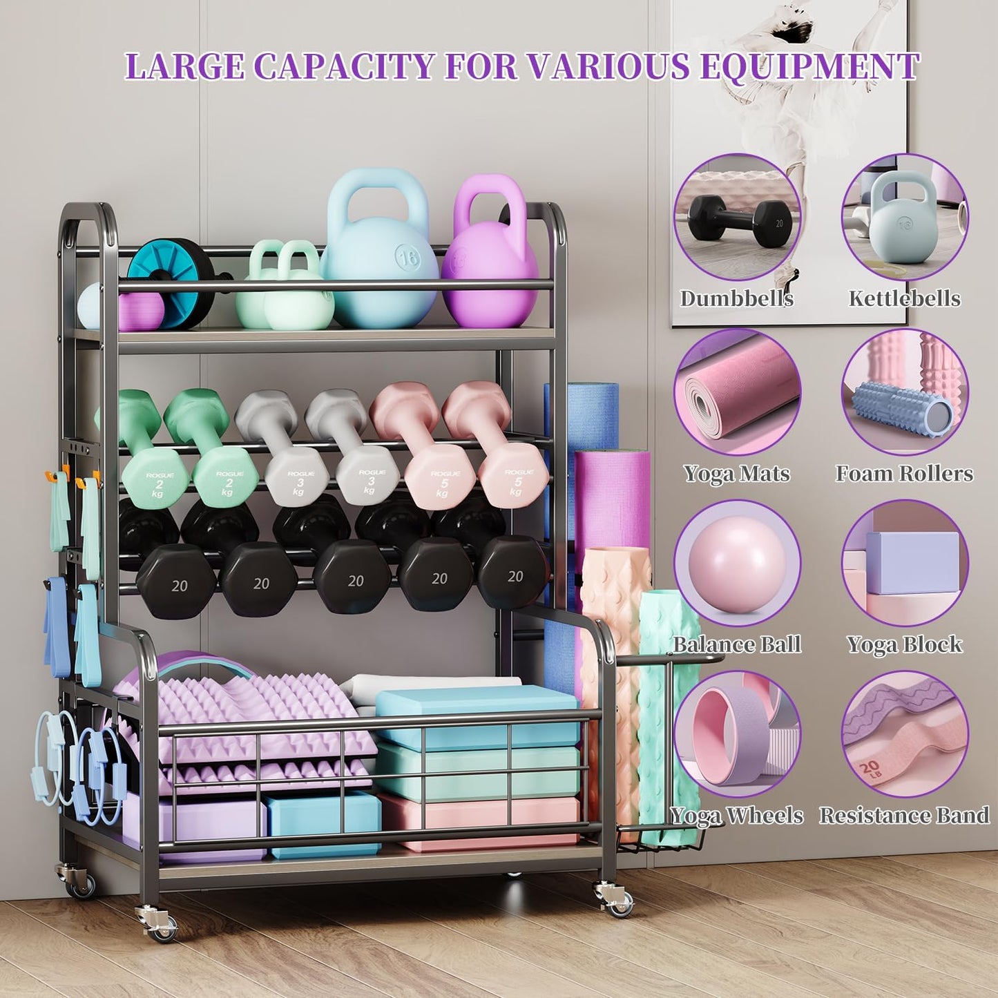 Homeiju 450LBS Dumbbell Rack,Weight Rack for Dumbbells,Weight Rack for Home Gym,Home Gym Storage for Strength Training Dumbbell Racks Stand with Wheels&Hooks