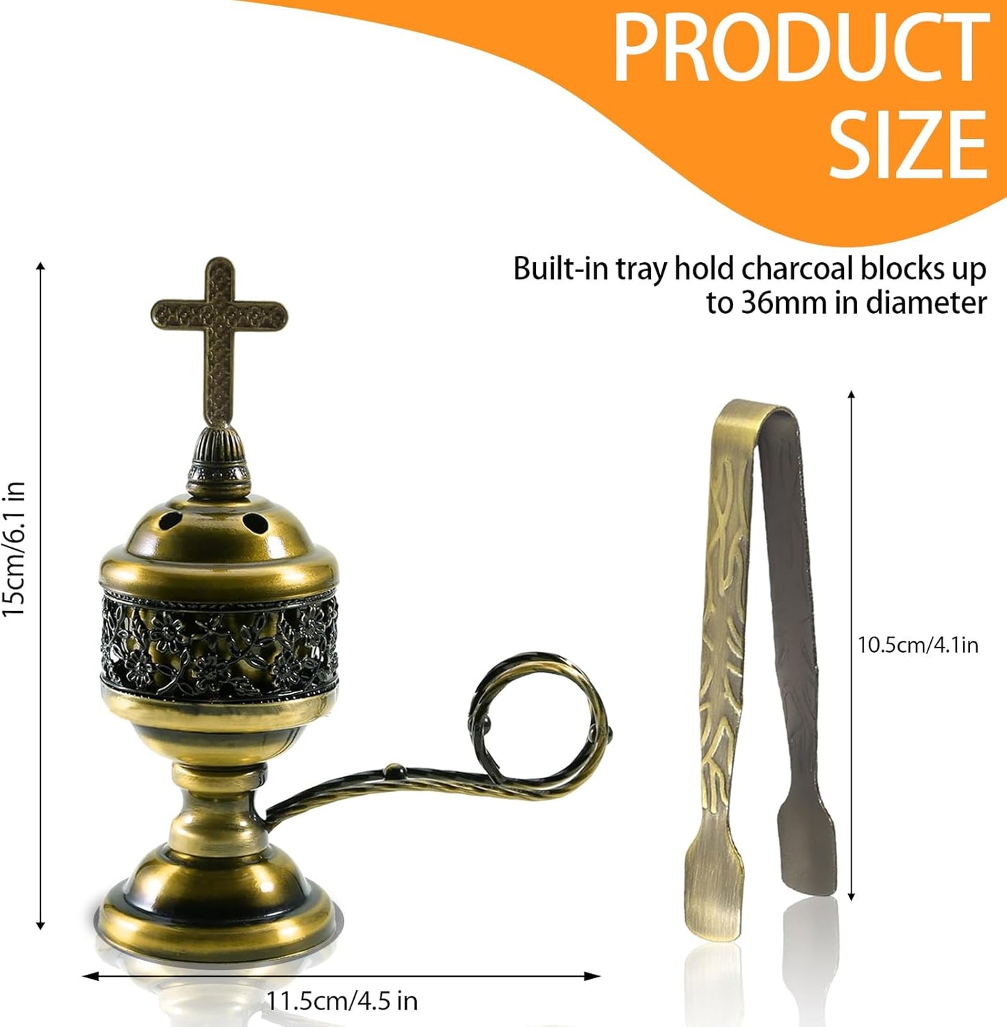 Gold Incense Burner with Tong – Frankincense Charcoal Incense Stand Aromatherapy, Yoga, Spa, Home Decor, and Church Use – Compact & Durable Bakhoor Holder