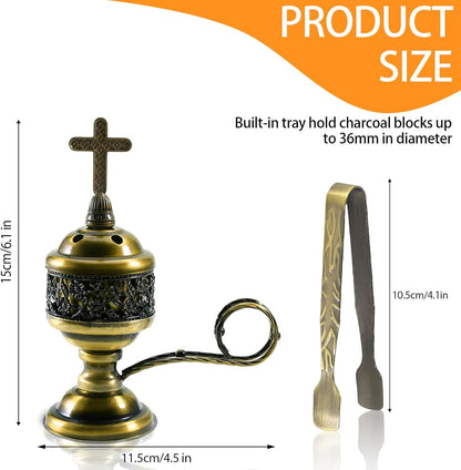 Gold Incense Burner with Tong – Frankincense Charcoal Incense Stand Aromatherapy, Yoga, Spa, Home Decor, and Church Use – Compact & Durable Bakhoor Holder