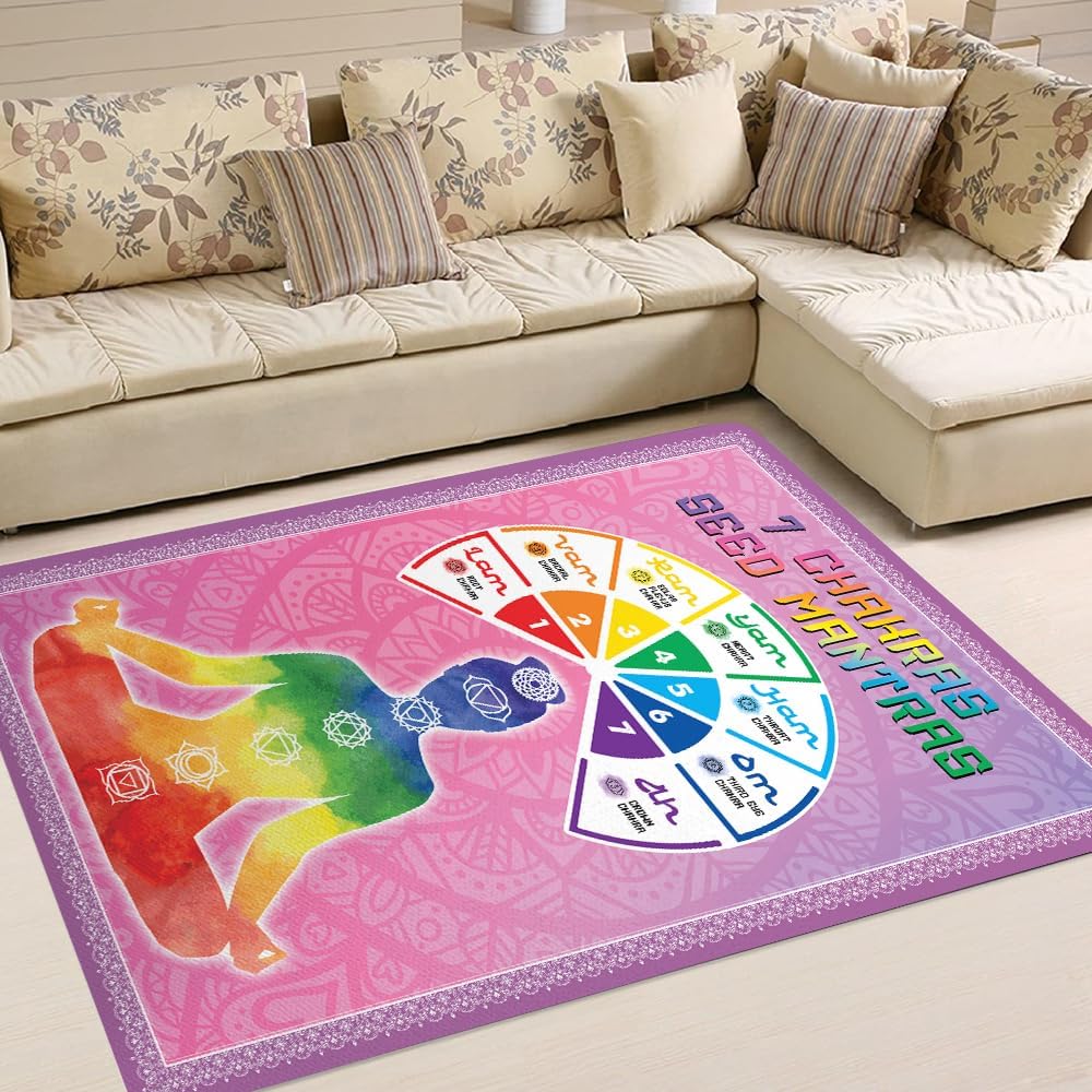Chakra Area Rug, Meditation & Yoga Carpet for Living Room, Bedroom Mandalas Boho Style Non-Slip Machine Washable Rugs for Women Adults Yoga Lovers Bohemian Floor Mat Office Decor (YOGA-DS01)