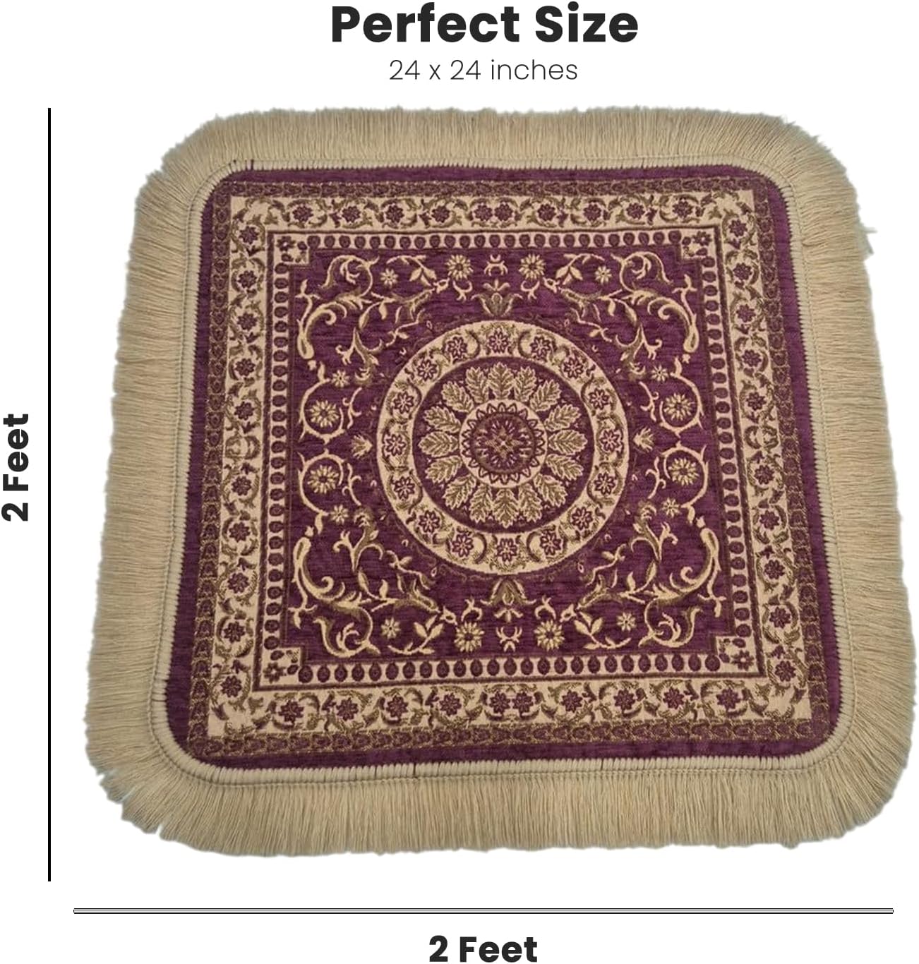 Soft Chenille Prayer Mat | Traditional Mandala Floral Pooja Aasan with Golden Fringes | Multipurpose Square Rug for Meditation, Yoga, Puja Room & Home (Red, 2x2 Feet)