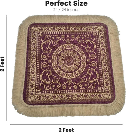 Soft Chenille Prayer Mat | Traditional Mandala Floral Pooja Aasan with Golden Fringes | Multipurpose Square Rug for Meditation, Yoga, Puja Room & Home (Red, 2x2 Feet)