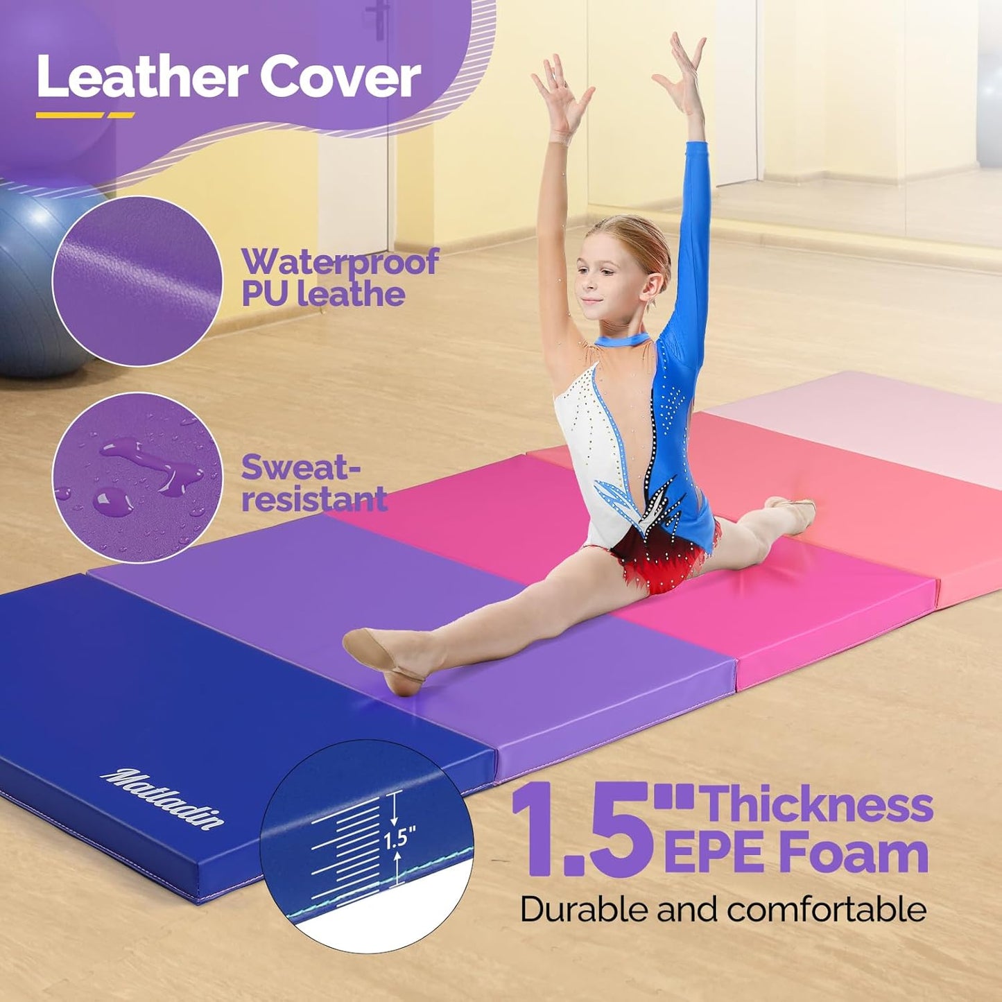 Matladin Folding Gymnastics Gym Exercise Aerobics Mat, 76"L x 30"W x 1.5"Th Folding Exercise Mat, Easy to Clean PU Leather Tumbling Mats for Stretching Yoga Cheerleading Martial Arts, Kid Play(Pink ,Blue）