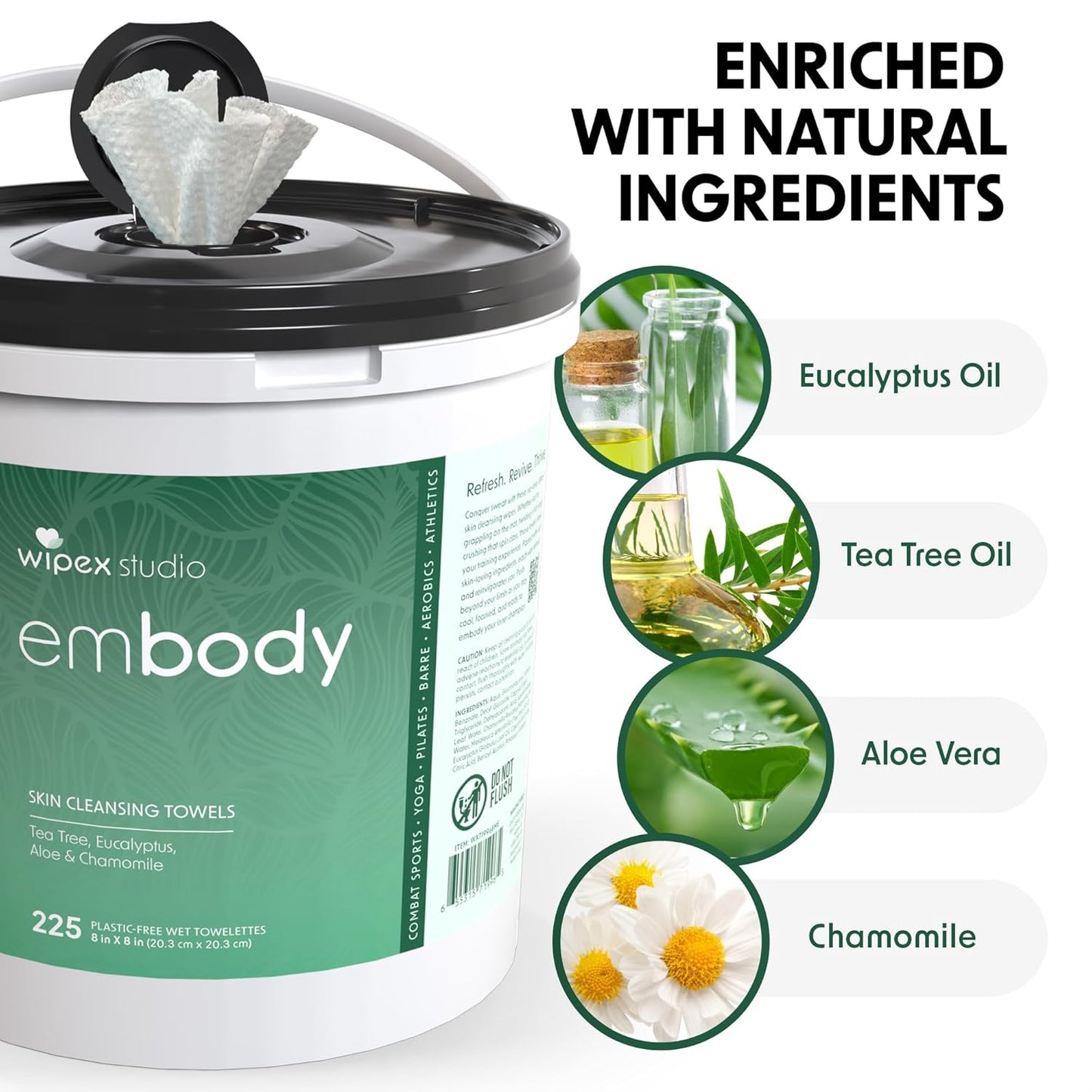 Wipex Embody Body Wipes - Large Plant-Based Cloth with Tea Tree Oil for Quick Clean Up, Ideal for Athletes, Yoga, Gym, Wrestling, Team Sports & Adults, Fitness Equipment Cleaner, 225 Count