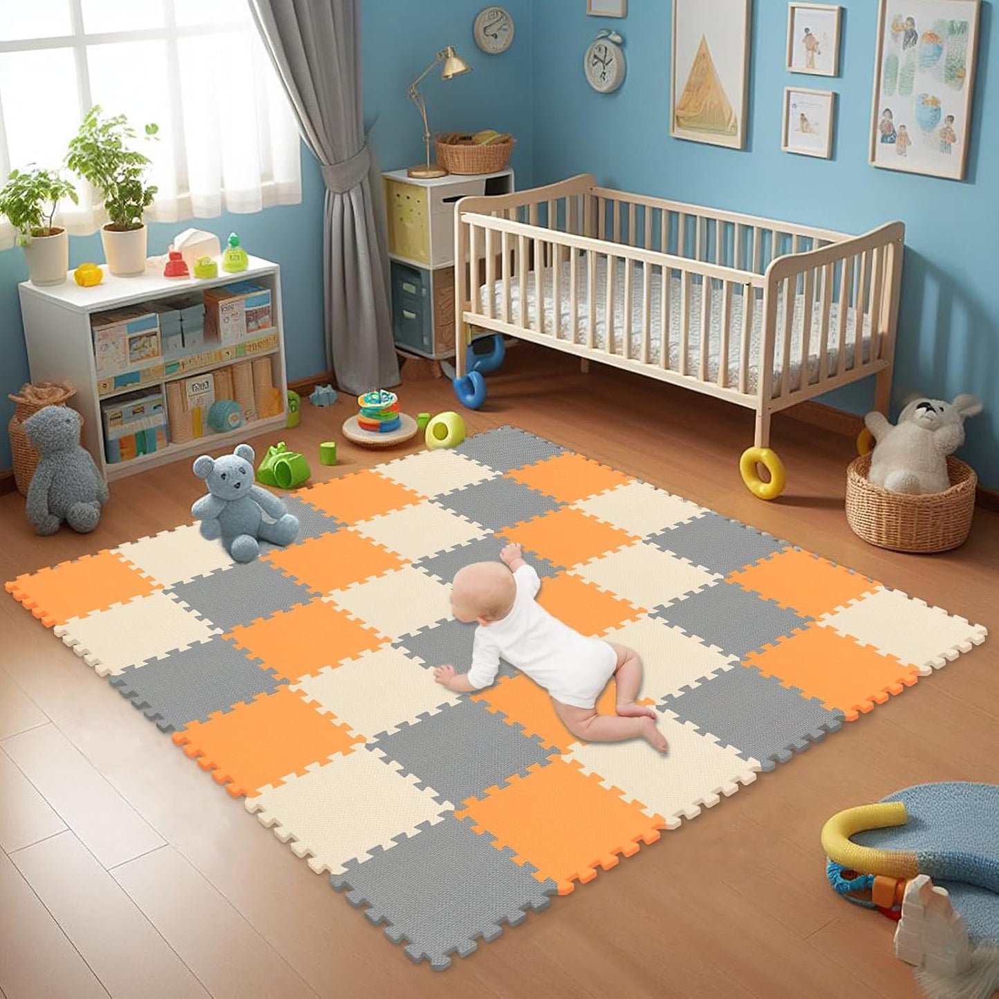 qqpp EVA Rubber 18 Tiles Interlocking Puzzle Foam Floor Mats - Baby Play Mat for Playing | Exercise Mat for Home Workout. White, Pink, Gray. QC-ACLb18N