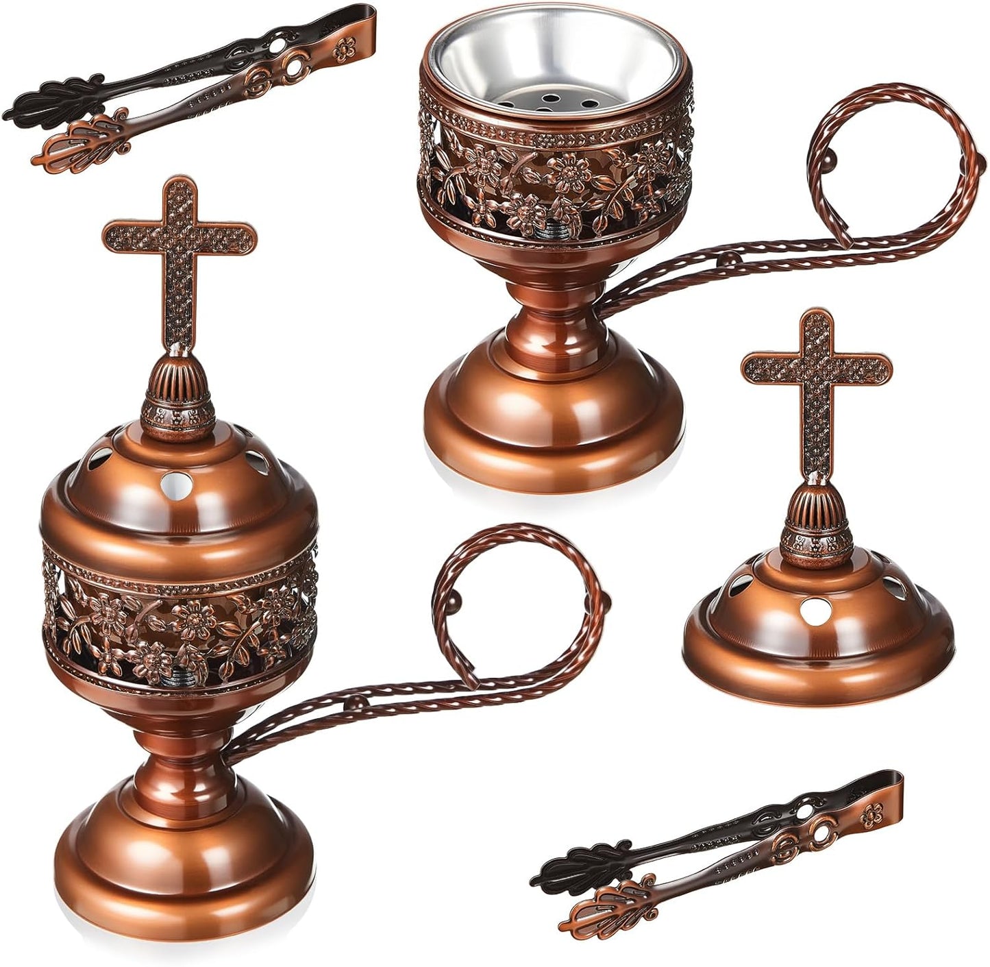Zonon 1 Set Incense Burner with Tong, Frankincense Charcoal Incense Stand Holder, Ideal for Yoga, Spa, Aromatherapy, Home and Christian Church Censer (Gold,Retro)