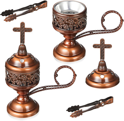 Zonon 1 Set Incense Burner with Tong, Frankincense Charcoal Incense Stand Holder, Ideal for Yoga, Spa, Aromatherapy, Home and Christian Church Censer (Gold,Retro)
