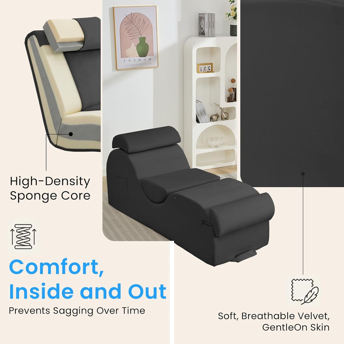 ijuicy 25 Inch Home Stretch Yoga Chair, Velvet Fitness Yoga Chaise Lounge Chair Indoor, Yoga Training Reliner with Adjustable Footrest & Headrest, Light Grey