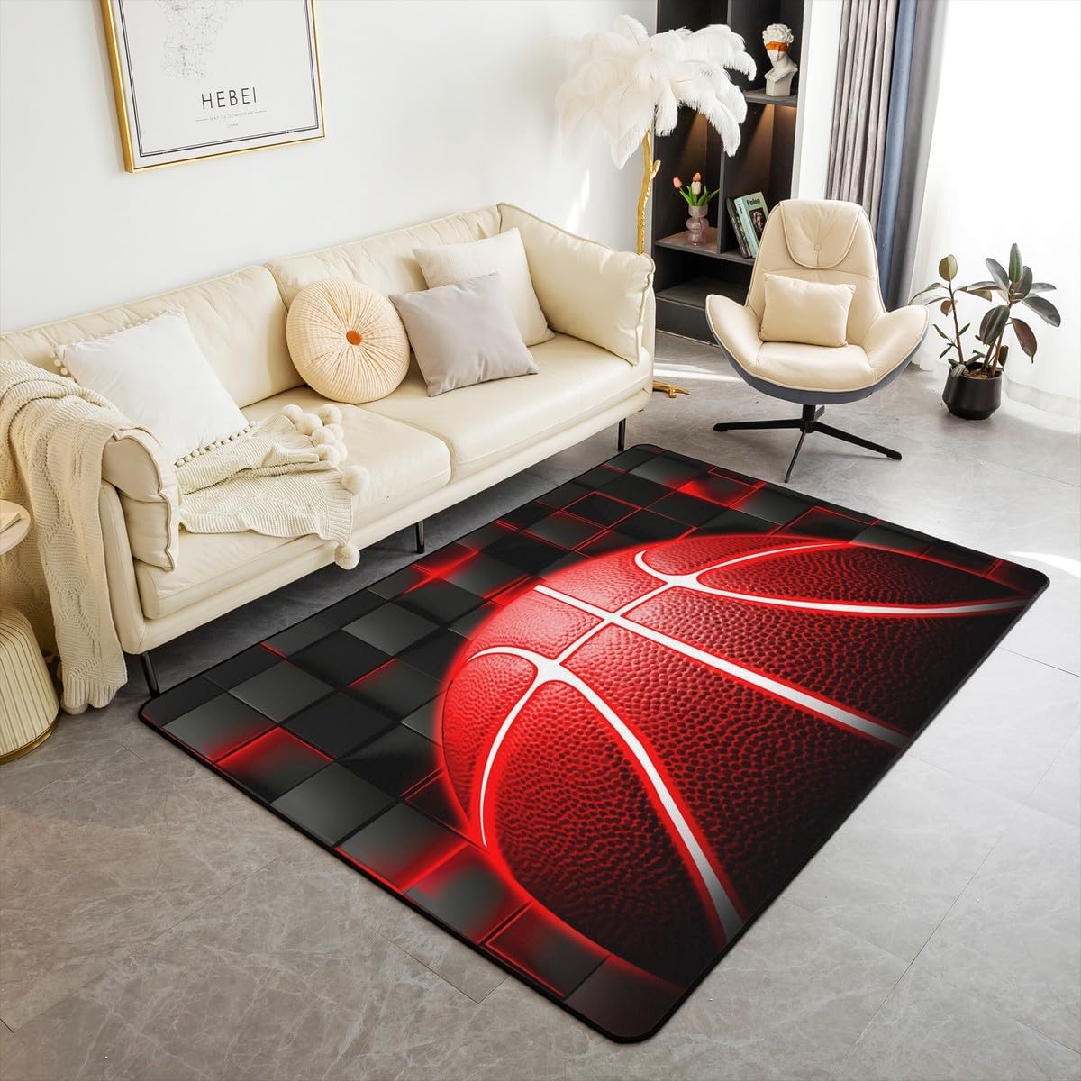 jejeloiu Basketball Living Room Rugs for Bedroom 5x7 Kids Gaming Sports Decor Carpet for Boys Girls Teens Ball Games Area Rug Soft Gift for Basketball Lover Grey and Black Room Decor