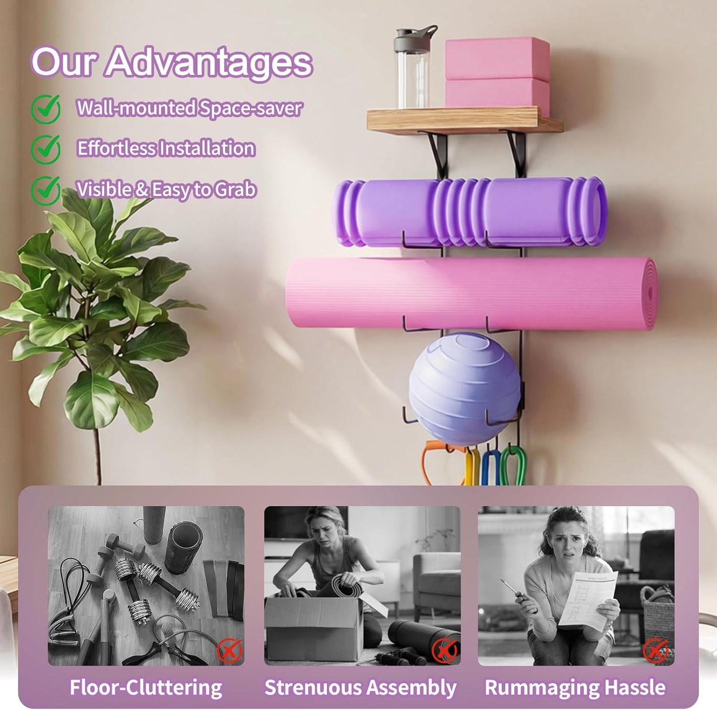 Bikoney Yoga Mat Holder Wall Mount Yoga Mat Storage Home Gym Accessories with Wood Floating Shelves and 4 Hooks for Hanging Foam Roller and Resistance Bands Fitness Home Gym Carbonized Black
