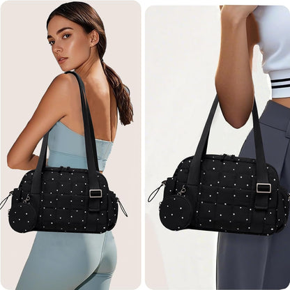 CAMTOP Mini Gym Bag for Women, Small Gym Tote Bag Puffy Quilted Sports Duffel Bag with Wet Compartment and Coin Purse Duffel Bags Dance Yoga Workout Bag for Gifts (All Black, Mini-12.6")