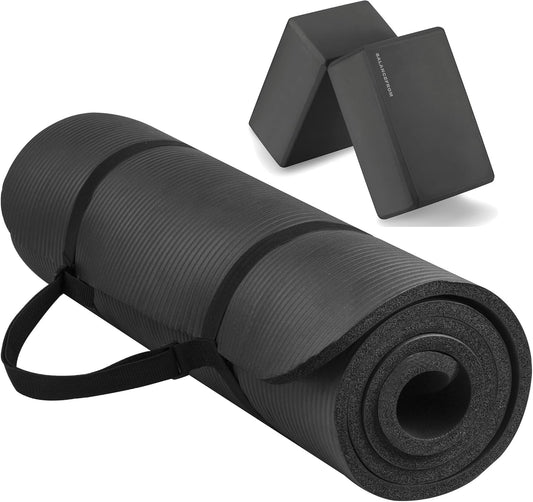 Fitvids All Purpose 1/2-Inch Extra Thick High Density Anti-Tear Exercise Yoga Mat with Carrying Strap and Yoga Blocks, Multiple Colors