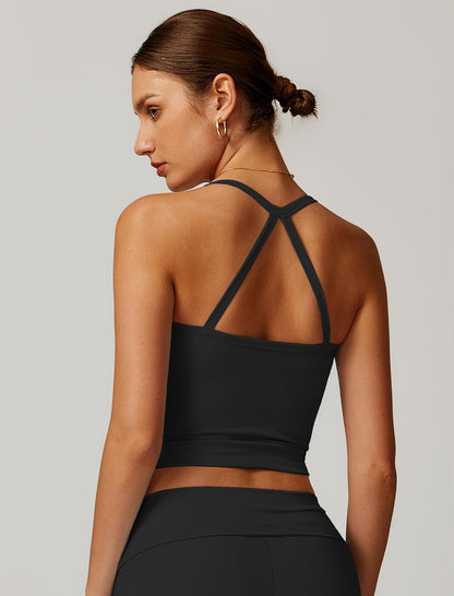 QBGJTD Womens Longline Sports Bras Cross Back Active Gym Yoga Padded Workout Crop Tank Top with Built in Bra