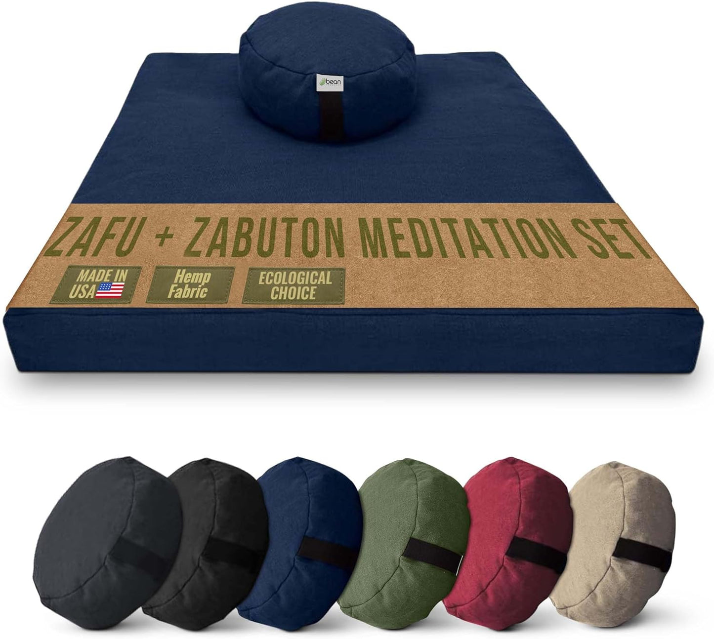 Meditation Cushion Mat Set HEMP - Large Oval Zafu Floor Pillow Organic Buckwheat Pillow + Cotton Filled HEMP Zabuton Prayer Pad - Meditation Pillow Yoga Knee Pad Made in USA - 18" Oval, NATURAL Hemp