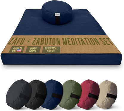 Meditation Cushion Mat Set HEMP - Large Oval Zafu Floor Pillow Organic Buckwheat Pillow + Cotton Filled HEMP Zabuton Prayer Pad - Meditation Pillow Yoga Knee Pad Made in USA - 18" Oval, NATURAL Hemp