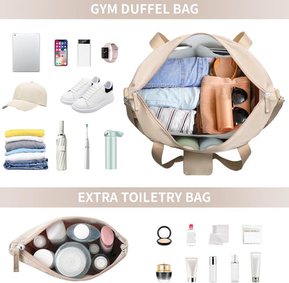 ETRONIK Gym Bag for Women, Personal Item Travel Bag with Shoes Compartment, Weekender Overnight Duffel Bag with Wet Pocket, Carry On Bag for Women, Travel, Gym, Weekend (Beige)