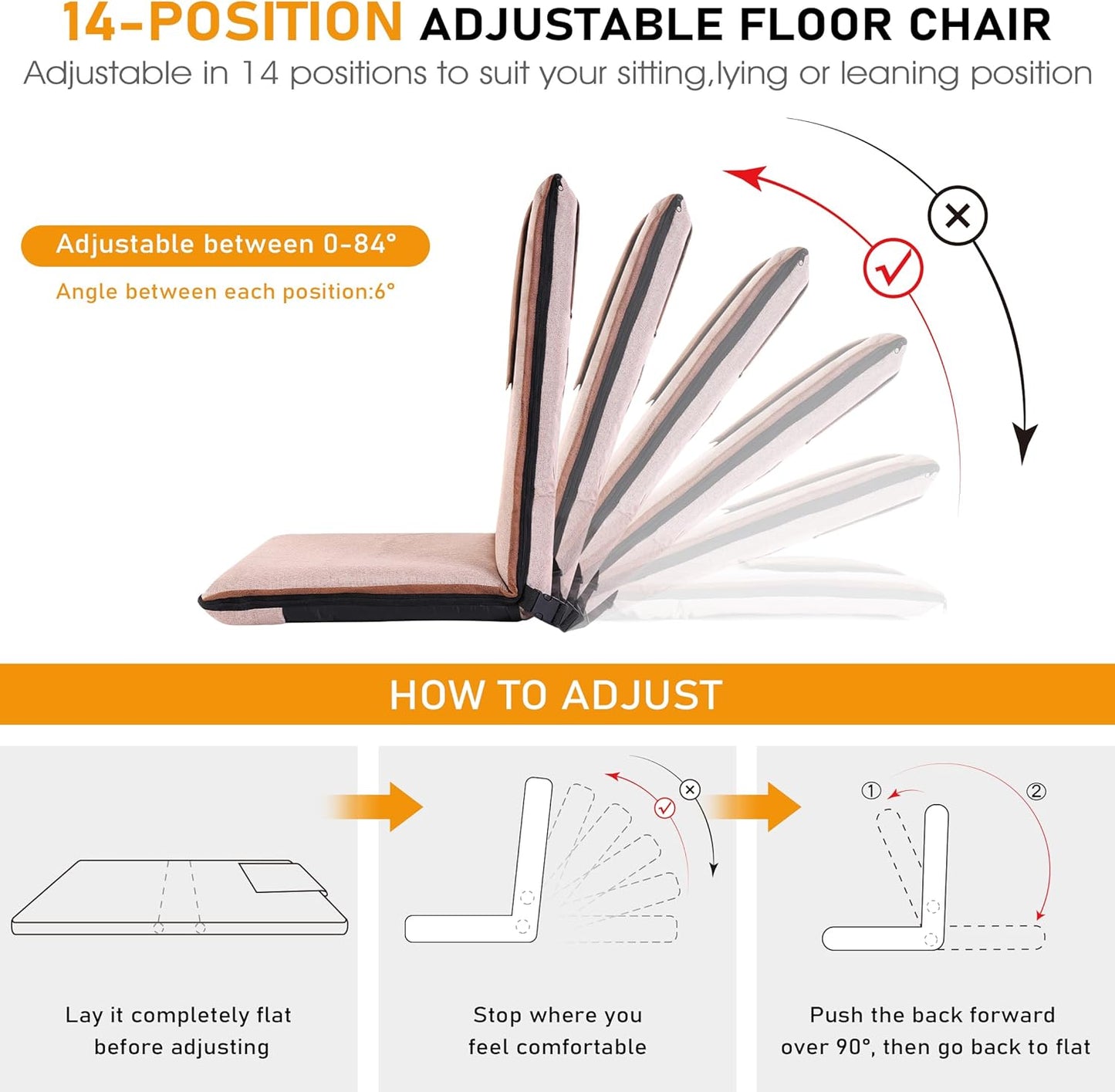 Floor Chair with Back Support 14-Position Adjustable Floor Chair Portable Ground Seating for Adults & Kids Foldable Meditation Seat with Japanese KOYO Bearings & Washable Linen Cover (Coffee)