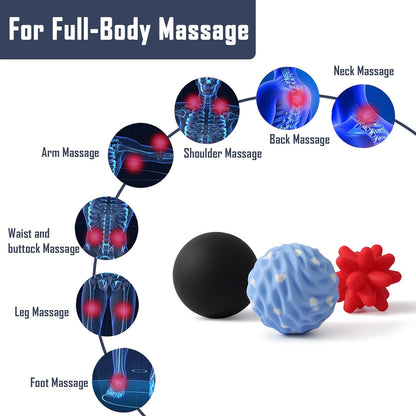 Silicone 3-Piece Massage Ball Set - Peanut, Textured and Spiky Lacrosse Balls to Relieve Tension,Muscle Knots & Plantar Fasciitis with Deep Tissue Release for Foot,Back,Hip,Arm & Legs