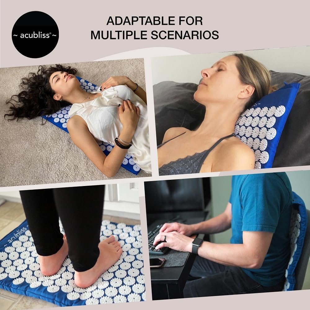Premium Acupressure Mat, Strap & Pillow 3 piece Gift Set, 12,348 Acupuncture Pressure Points for Back Pain Relief, Increased Energy, Relaxation, Drawstring Bag, Deep Blue
