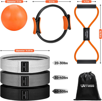 UZTUGG Pilates Equipment Kit at Home for Women, 4-in-1 Workout Essential Set with Pilates Ring, Fabric Resistance Bands, Figure 8 Resistance Band, Pilates Ball–Full Body Toning, Yoga & Stretching
