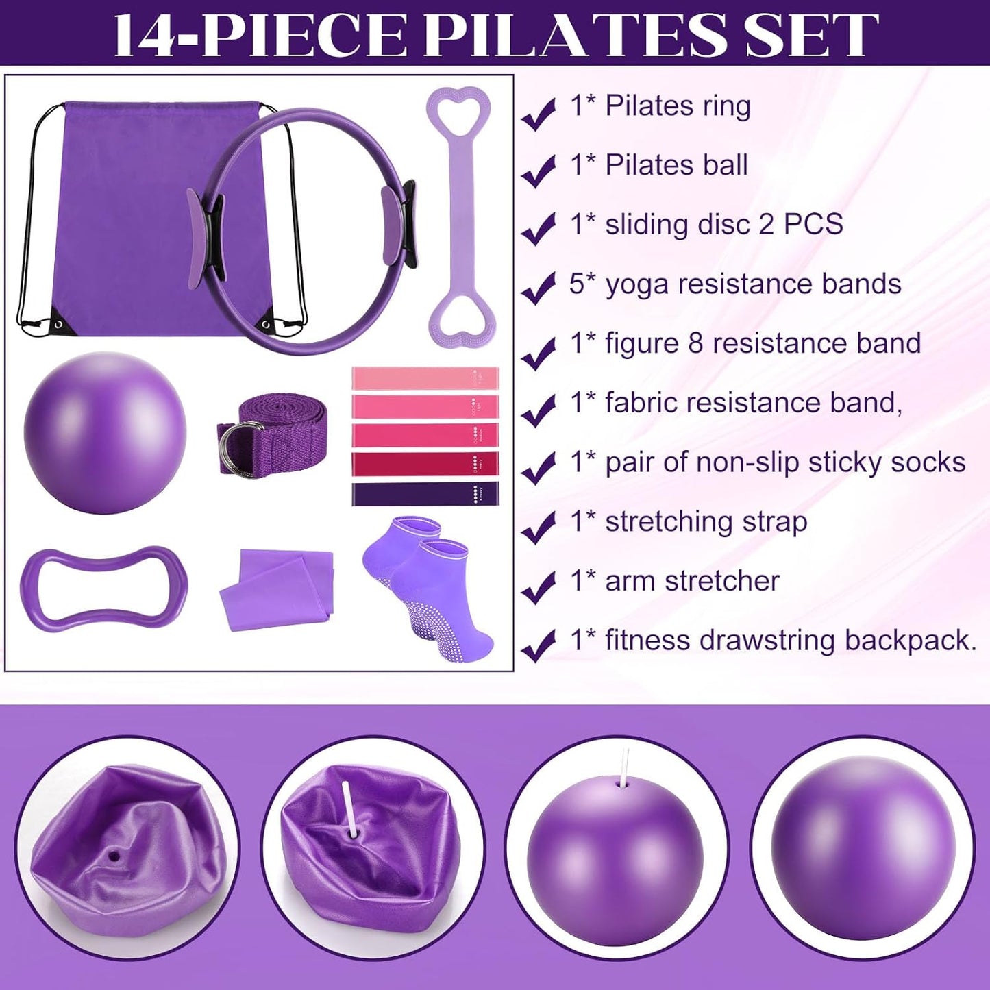 14 Pcs Pilates Kit Home Workout Kit for Women,Pilates Equipment Kit for Gym Studio Travel