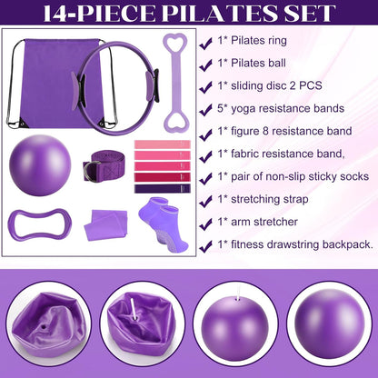 14 Pcs Pilates Kit Home Workout Kit for Women,Pilates Equipment Kit for Gym Studio Travel