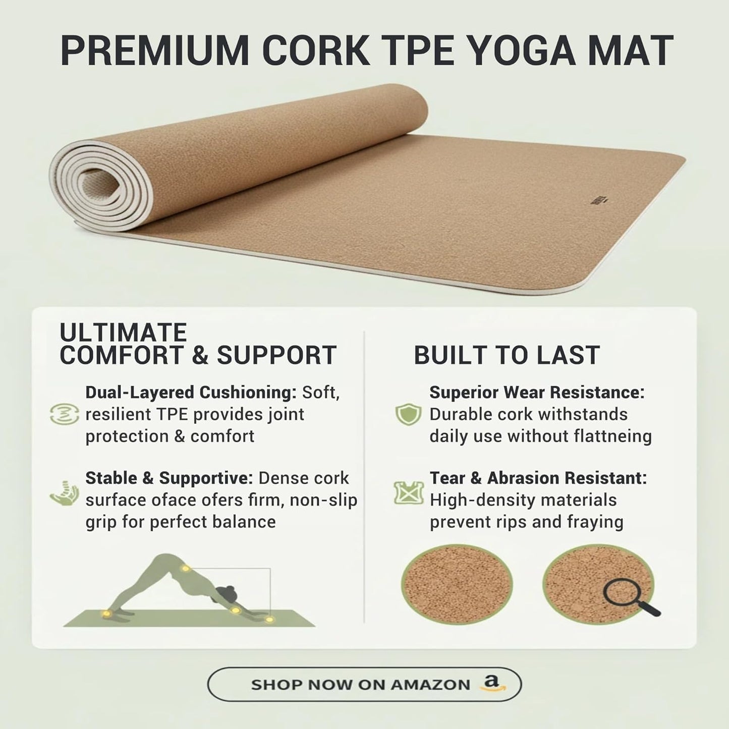 Cork Yoga Mat 6mm Extra Thick Cushioning High Density Natural Rubber Exercise Pad 72 x 24 Inch for Home Gym