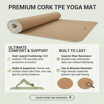 Cork Yoga Mat 6mm Extra Thick Cushioning High Density Natural Rubber Exercise Pad 72 x 24 Inch for Home Gym