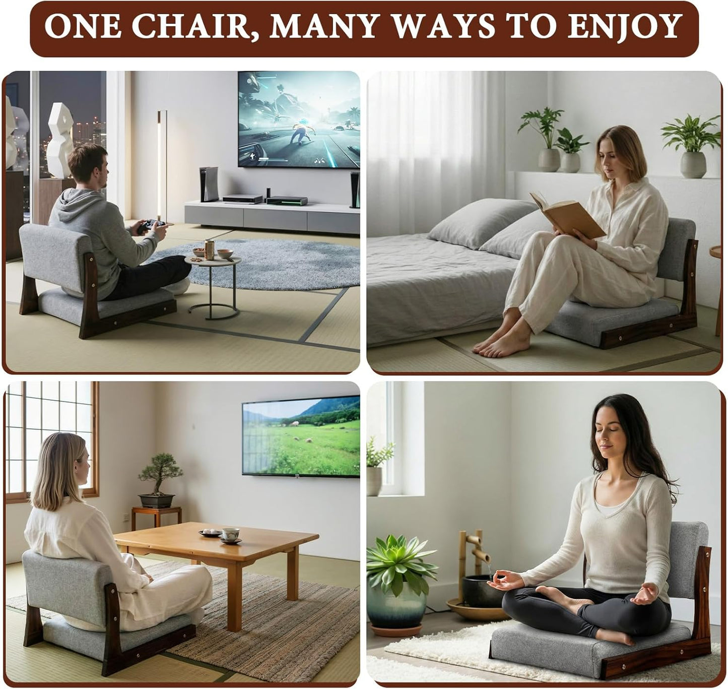 Geetery 2 Pack Tatami Chairs with Back Support & Cushion, Japanese Floor Chair, Walnut Meditation Seat Floor Seating for Balcony, Bay Window, Living Room, Bedroom