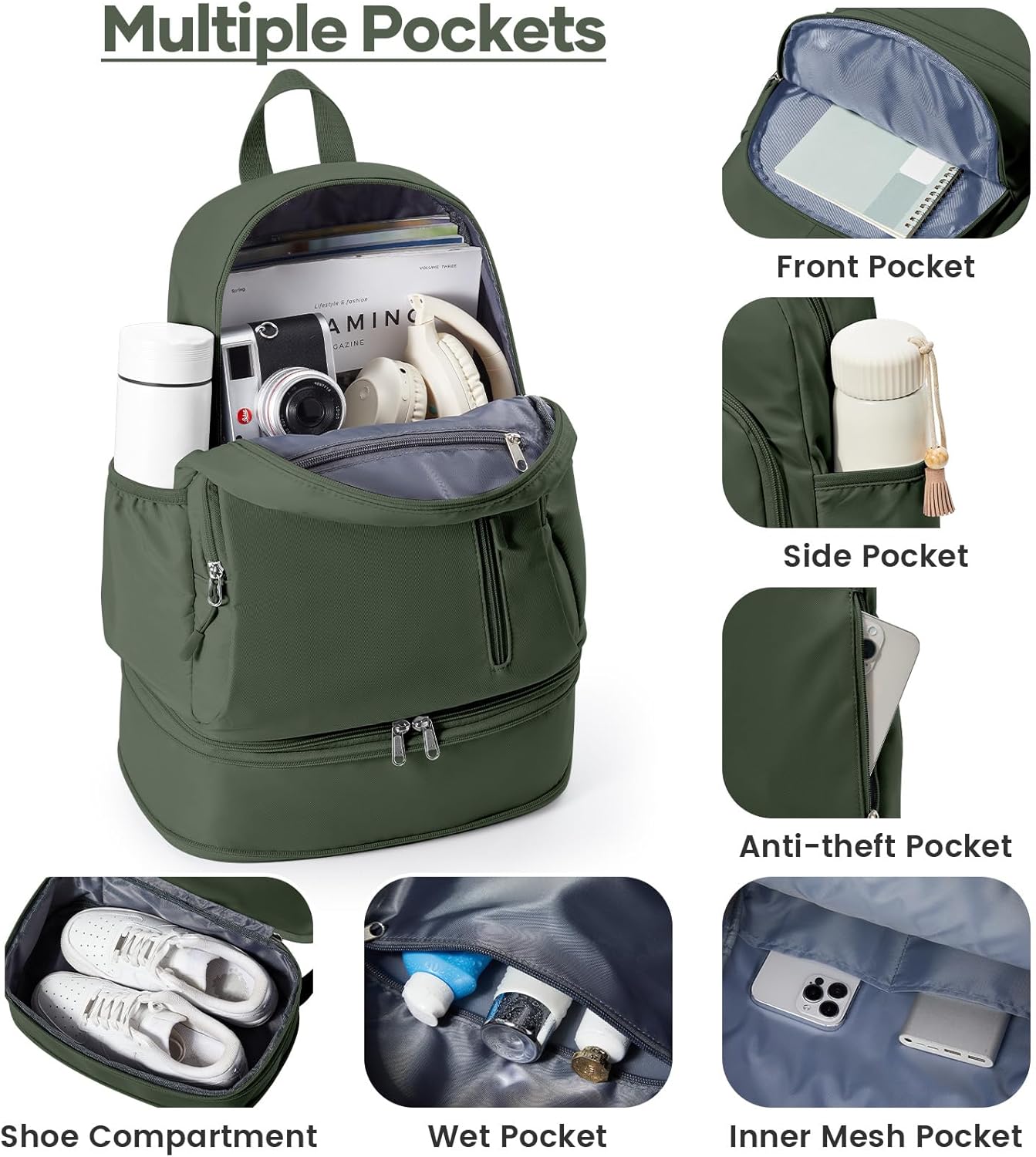 Gym Backpack for Women Men, Dance Backpacks With Shoe Compartment, Sports Back pack For Yoga Fitness Beach Hiking Sports(Green)