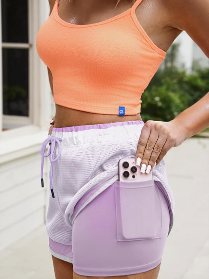 Fisoew Women Athletic Shorts 2 in 1 Running High Split Color Block Workout Yoga Mesh Shorts Pocket Drawstring