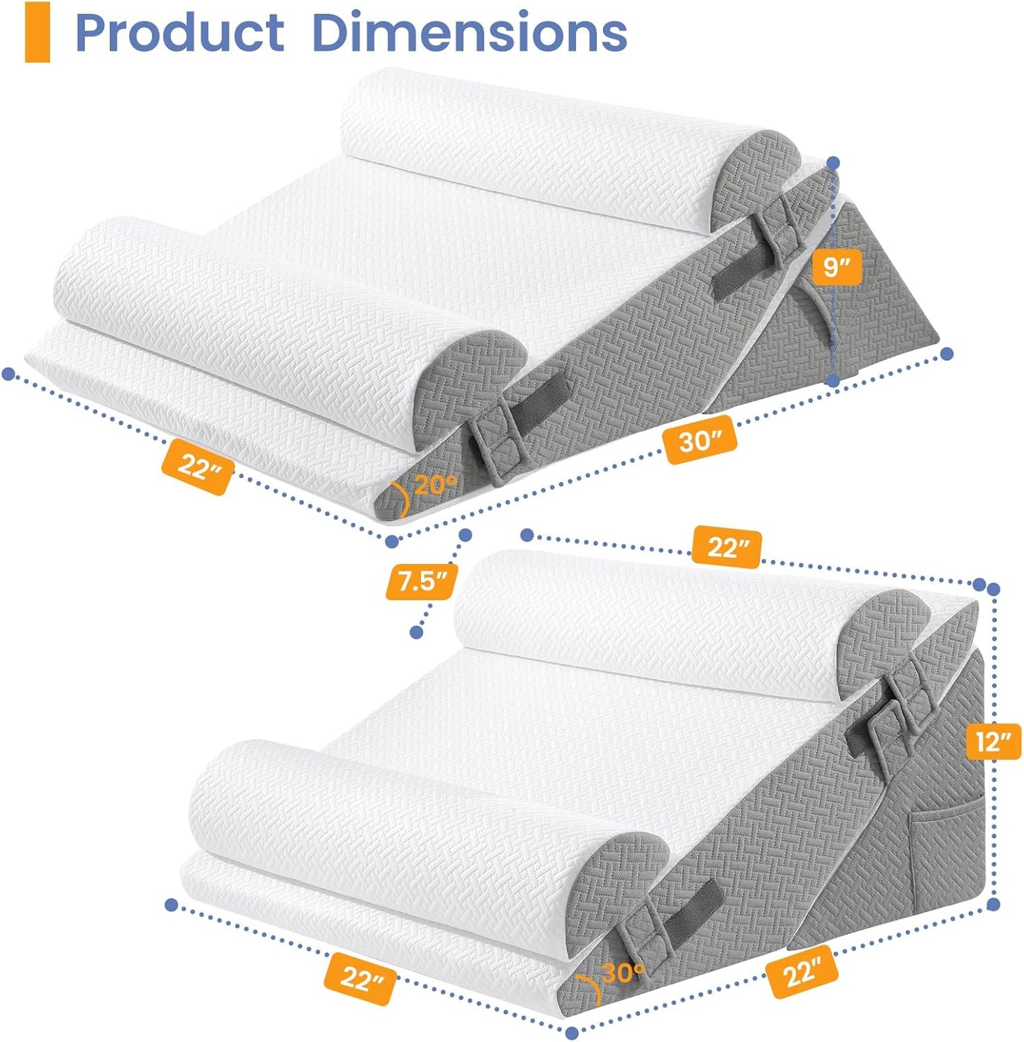 Sasttie Wedge Pillow Set for After Surgery, 2PCS Adjustable Bed Wedge Pillow Headboard with Memory Foam Neck Cushion – for Acid Reflux, Sleeping, Neck & Back Support, Dark Grey