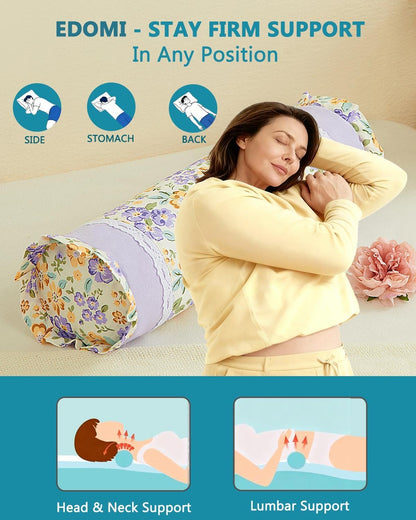 Buckwheat Hull Neck Roll Pillow -15.7" x4.7” Adjustable Firmness Cervical Support for Sleep & Yoga, Cooling Floral Cotton Cover, Ergonomic Bolster Pillow, Blue
