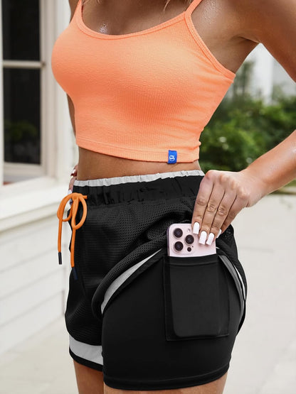Fisoew Women Athletic Shorts 2 in 1 Running High Split Color Block Workout Yoga Mesh Shorts Pocket Drawstring