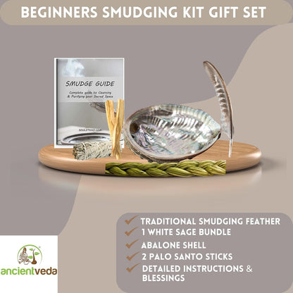 Ancient VEDA Organic Smudge Kit – Yerba Santa, Palo Santo, Sweetgrass Braid, Feather & Smudge Guide | Home Cleansing Kit for Meditation, Yoga, Energy Healing & Gift (Starter Kit, Yerba Santa Sage)