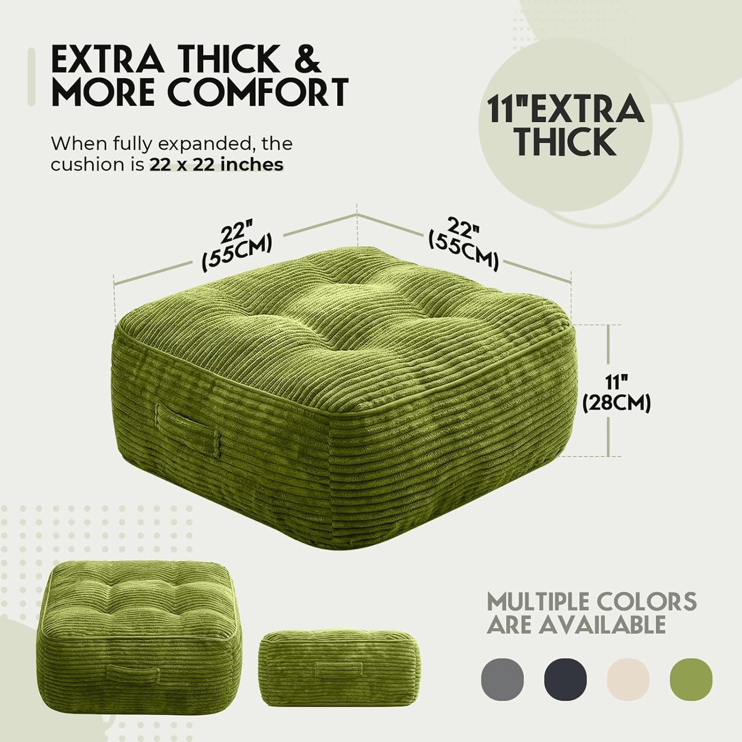 11" Thick Washable Floor Pillow for Adults, Yoga & Meditation Cushion with Handle, Square Large Pillows Seating with Removable Tufted Corduroy Cover for Tatami Living Room Board Games, Blind Shape