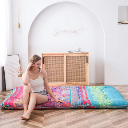 MAXYOYO Bohemian Retro Mattress Boho Floral Japanese Futon Mattress Tatami Floor Mat Foldable Portable Camping, Sleeping Pad, Lounger Couch Bed Full Size