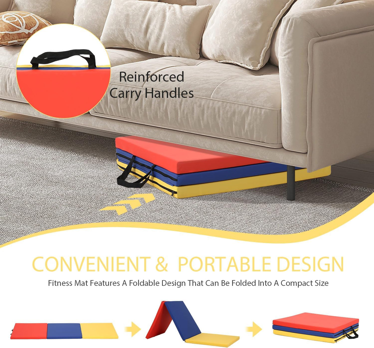 Gymnastics Mat for Tumbling, Folding Tumbling Mat Exercise Mat Gym Mat Tumbling Mats for Kids, Adults, PU Leather Yoga Mat with Carrying Handles