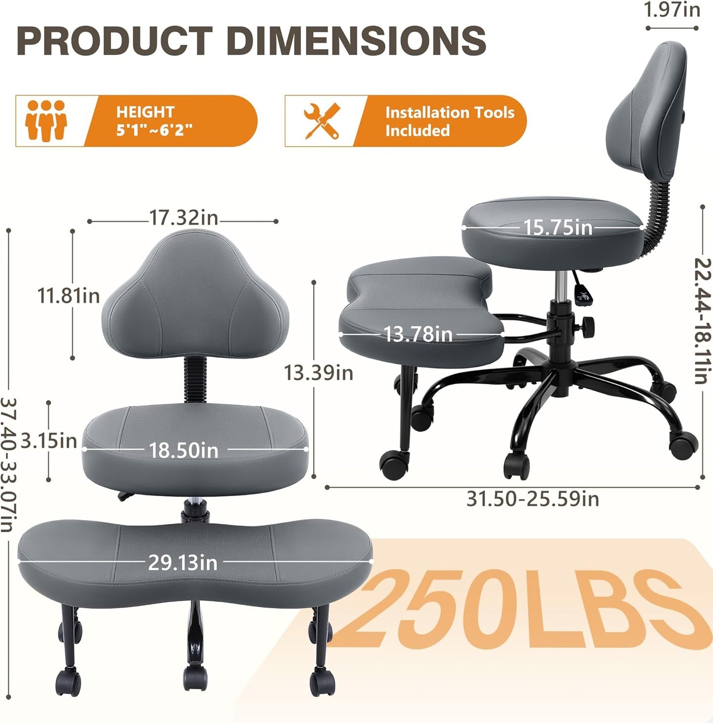 AtHope Cross Legged Office Chair, Criss Cross Desk Chair ADHD Meditation Kneeling Yoga Seat with Adjustable Height, Lumbar Support, Wider Footrest and Wheels (Black)