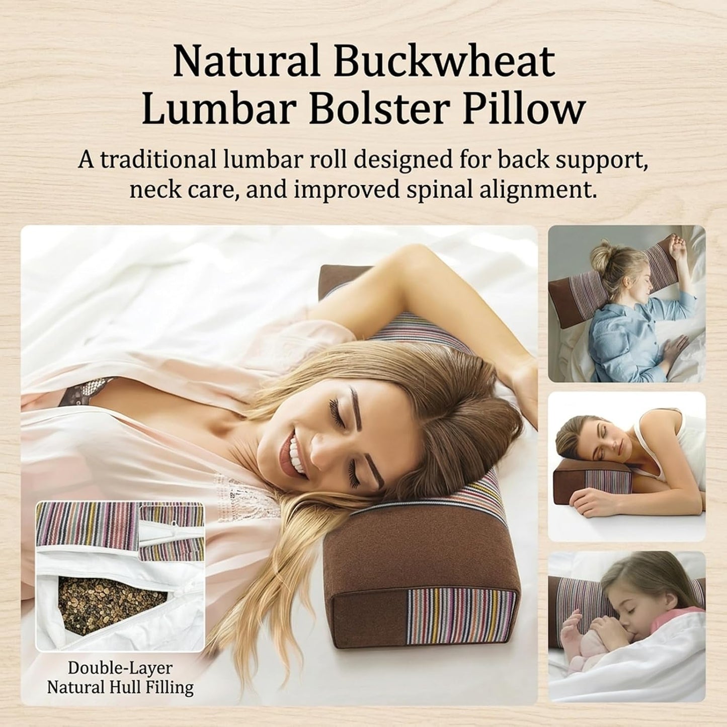Adjustable Buckwheat Hull Pillow for Neck Pain Relief (21x8x4in) Natural Cooling Cervical Support Organic Pillow for Side & Back Sleepers with Night Sweats (Grey)