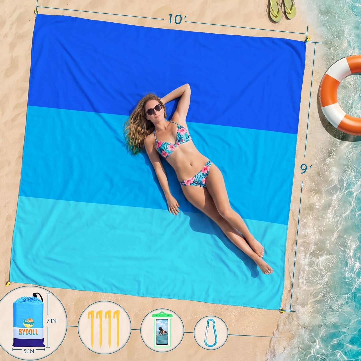 BYDOLL Beach Blanket Waterproof Sandproof Large Sand Free,78''X81''/10'X9' Oversized Sandless Lightweight Blanket Picnic Mat for Beach Travel Camping Hiking with Stakes