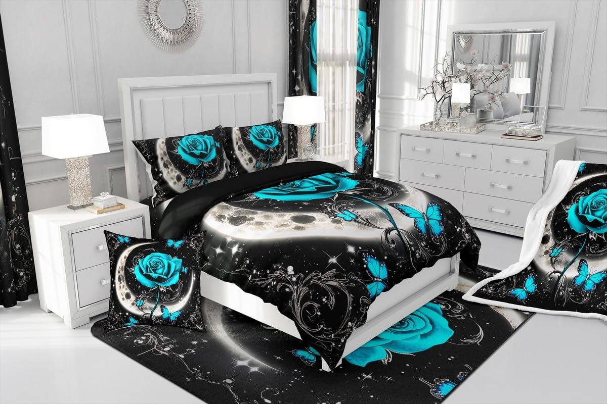 Feelyou Floral Rose Indoor Floor Mat Set,Romantic Blue Rose Rugs for Living Room Bedroom Area Rug 3x5,Boys Girls,Botanical Flower Rose Accent Rug Doormats Floor Mat for All Season