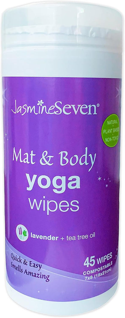 Yoga Wipes for Body and Mat - Natural Lavender and Tea Tree - 45 Wipes in Resealable Canister - by Jasmine Seven