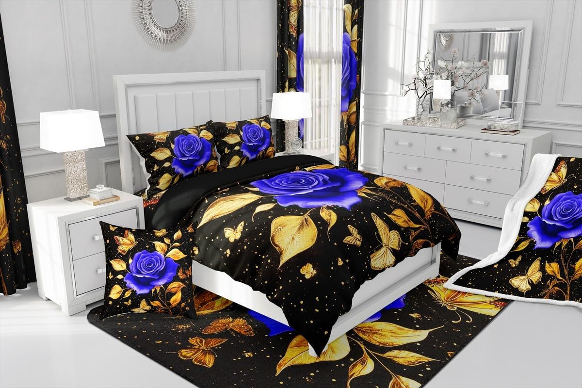 Feelyou Floral Rose Indoor Floor Mat Set,Romantic Blue Rose Rugs for Living Room Bedroom Area Rug 3x5,Boys Girls,Botanical Flower Rose Accent Rug Doormats Floor Mat for All Season