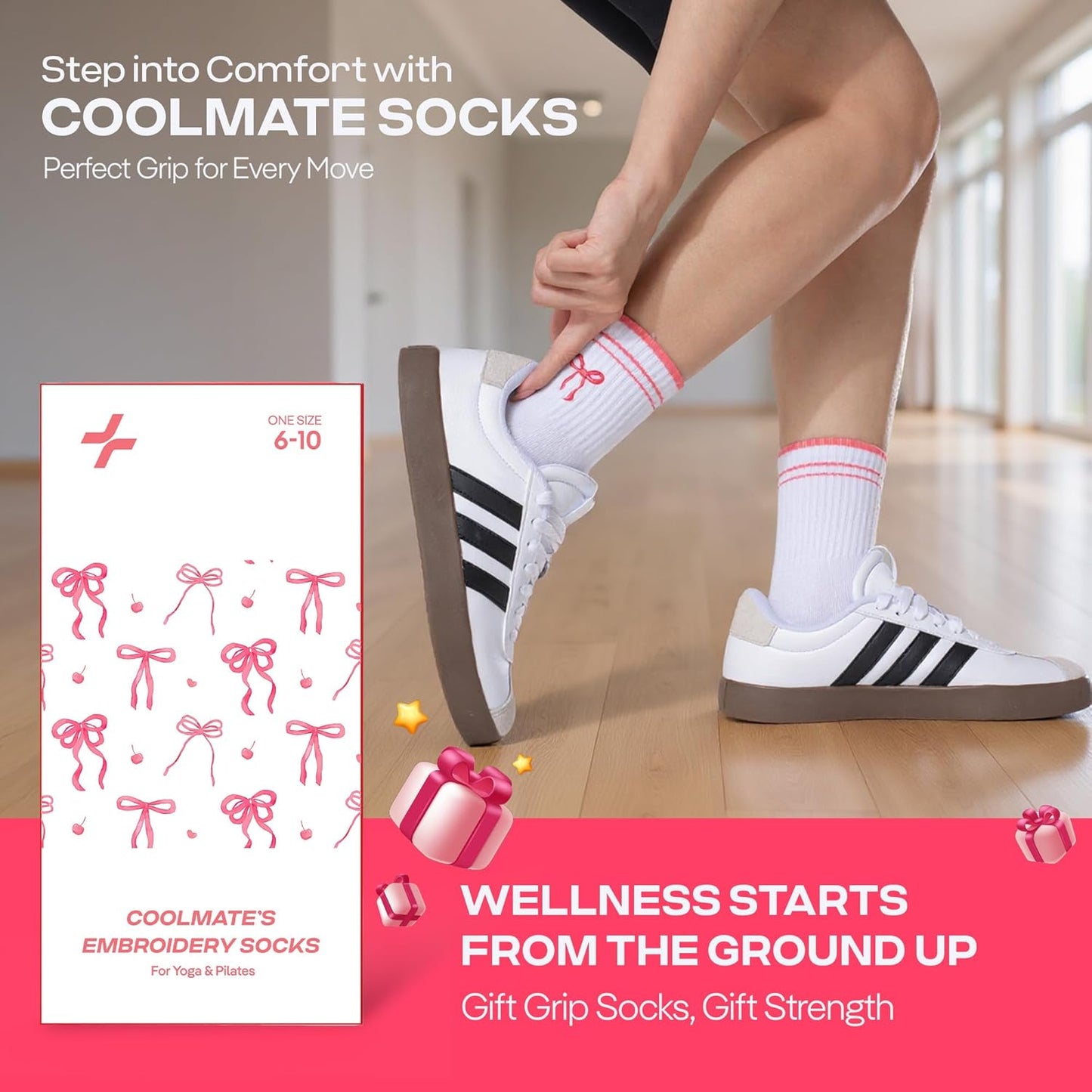 COOLMATE Pilates Socks with Grips for Women, Yoga Socks, Crew Non Slip Women for Barre, Pilates Gifts for Women - Colors A