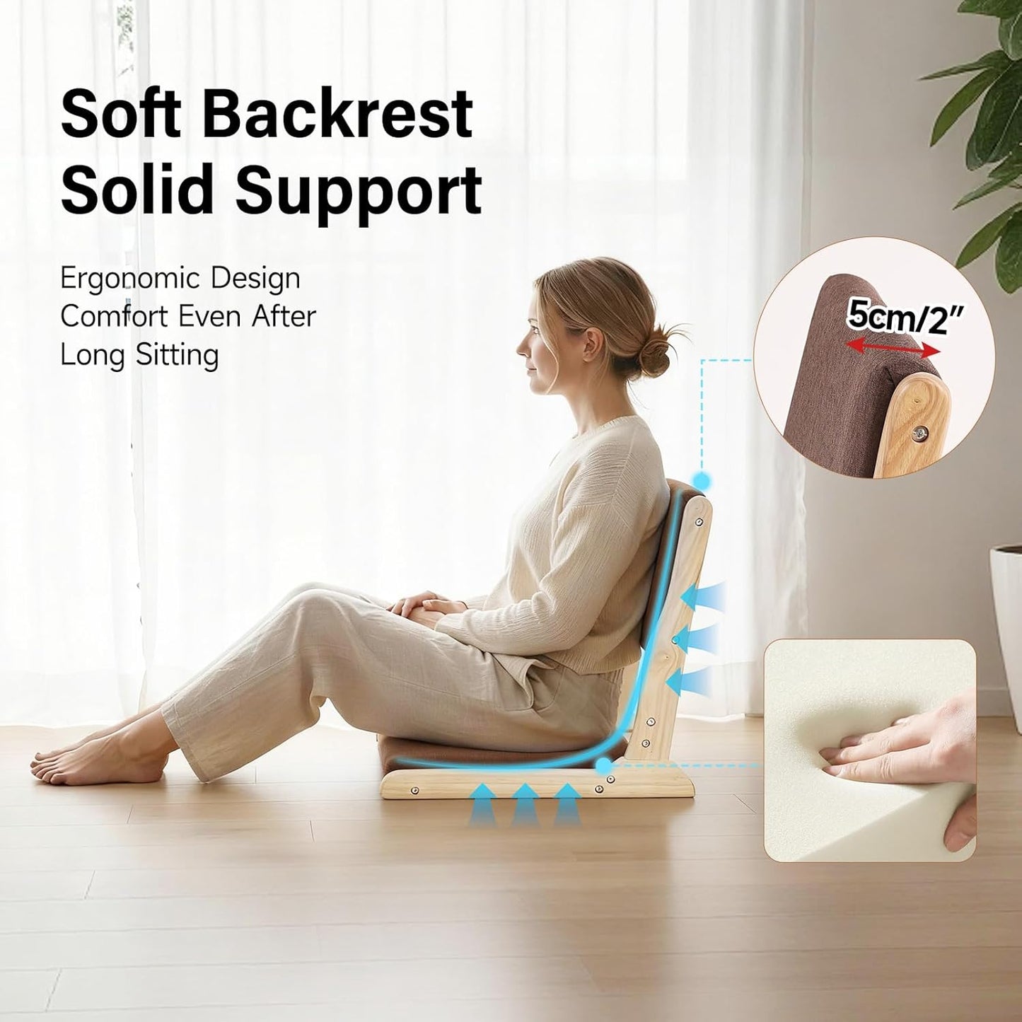 Tiita 2Pcs Floor Games Chair, Foldable Meditation Tatami Chairs, Backrest Chair with Cushion, Living Room Chair Seat, Wood Grey