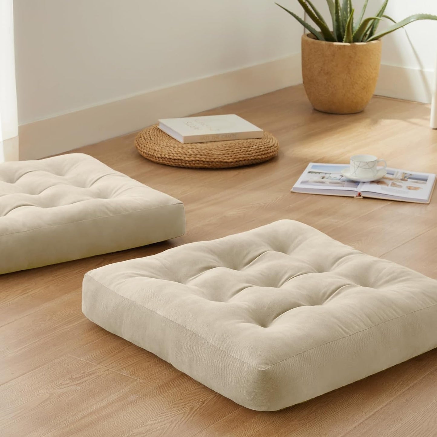 Meditation Floor Pillow Set of 1, Square Large Pillows Seating for Adults, Meditation Cushion Pillow,Tufted Corduroy Cushion for Tatami Living Room or Yoga, Light Gray, 22x22 Inch