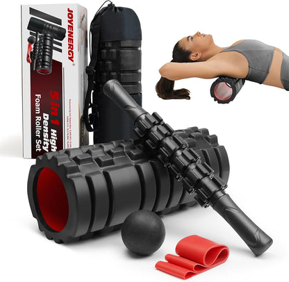 JOYENERGY 5 in 1 Foam Roller Set High Density Foam Roller Patented, Massage Stick, Massage Ball, Resistance Band for Deep Muscle Massage Pilates Yoga, Fitness for Trigger Point Release