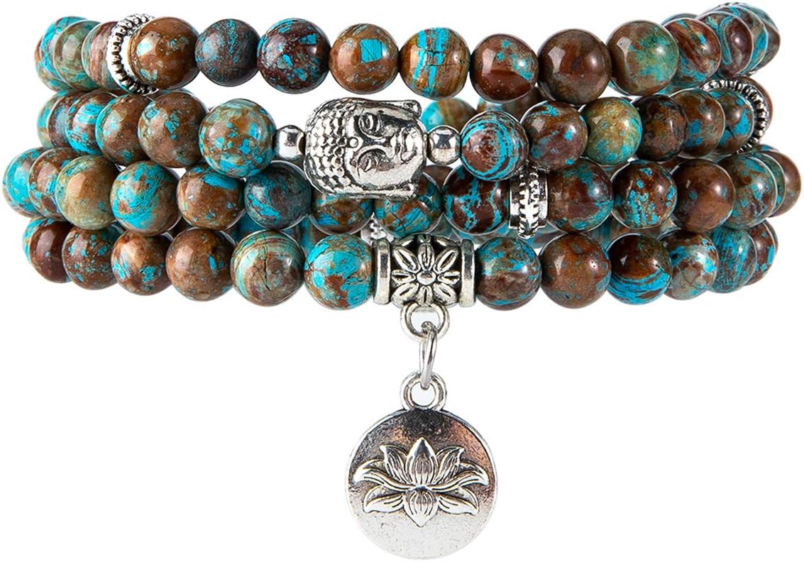 Bivei 108 Mala Beads Necklace Long Beaded Wrap Bracelets Genuine Gemstone Mala Prayer Beads Lotus Buddha Charm Yoga Meditation Necklace